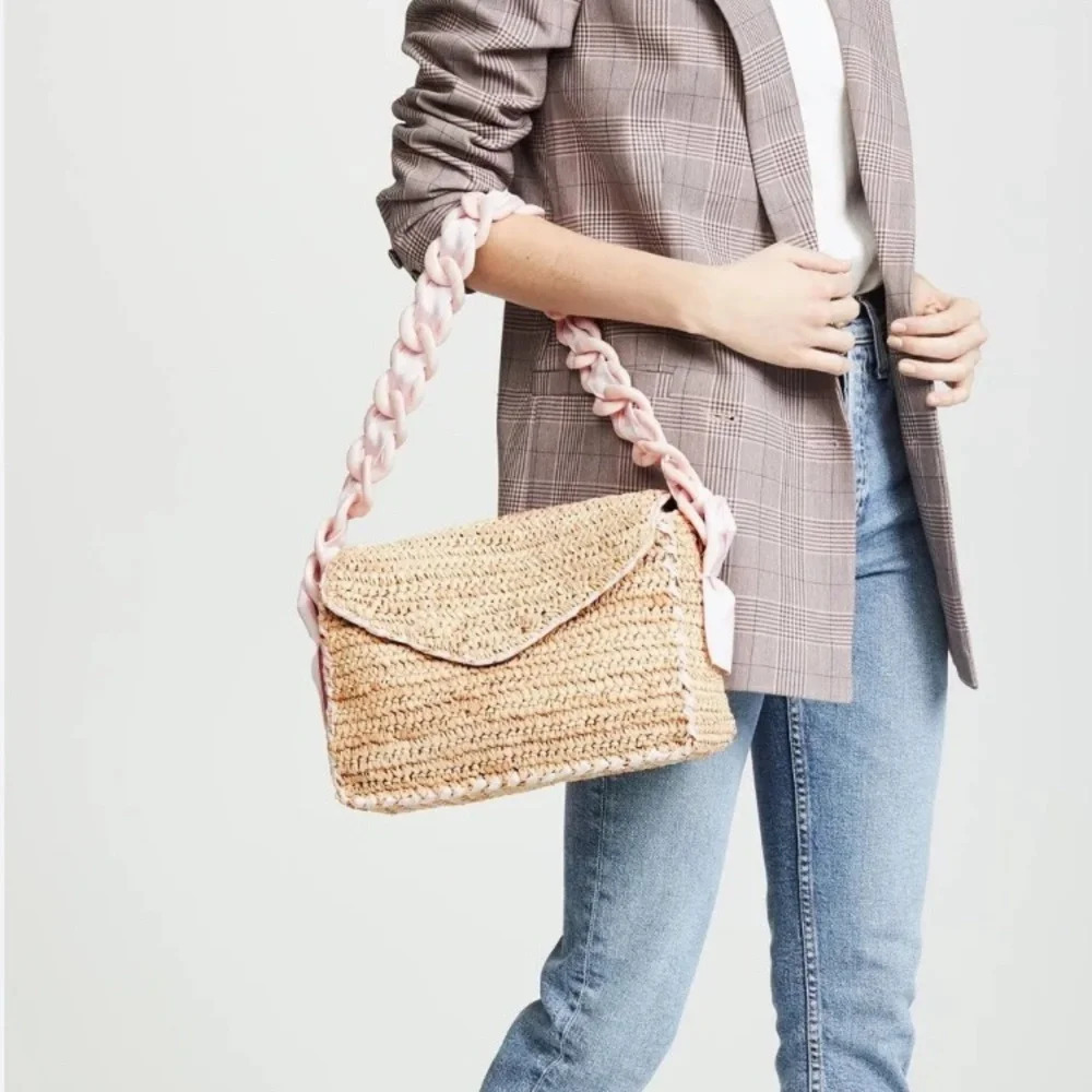 Pamela Munson Las Olas Raffia Shoulder Bag Pink Ribbon Strap Purse‎ Straw